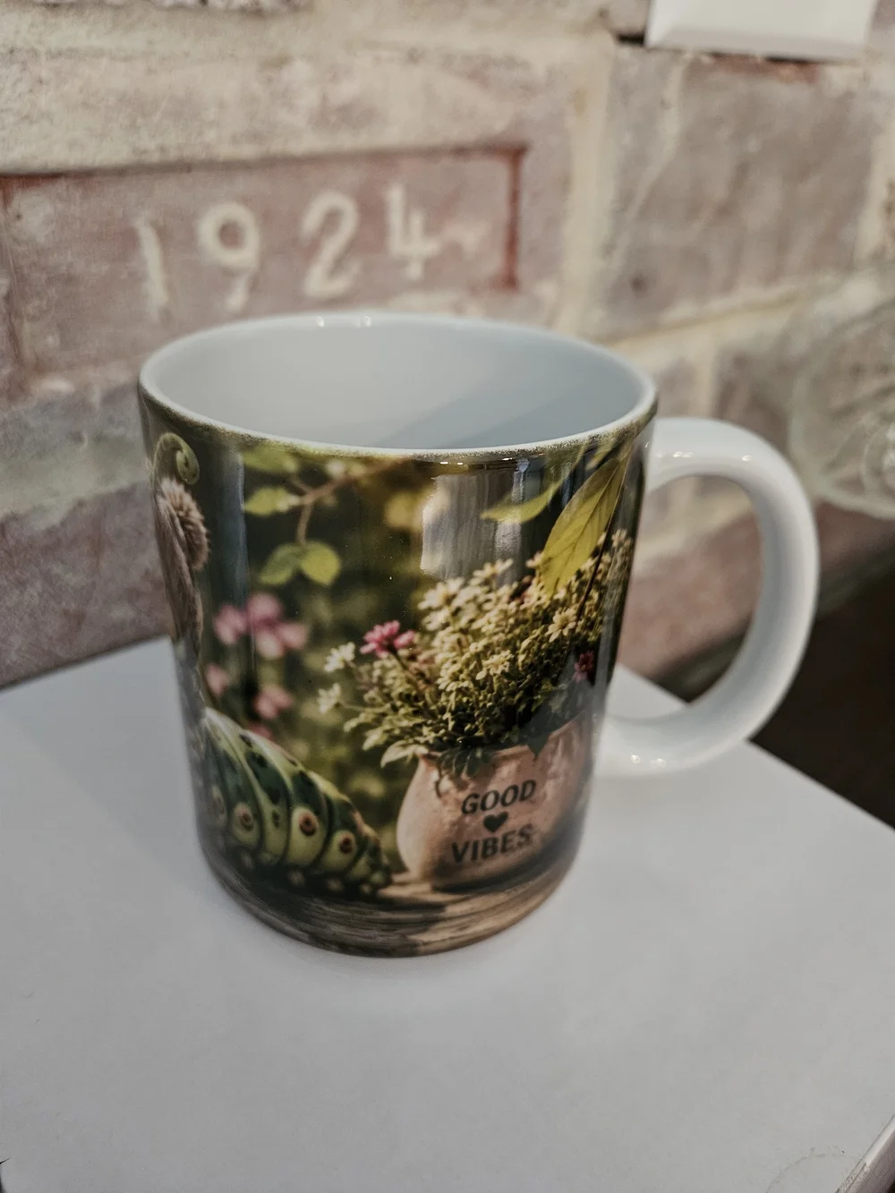 Hand Crafted White Ceramic Mug with Whimical Design